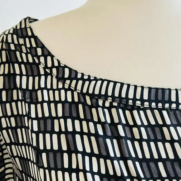 Zara Black Grey & Ivory Geometric Print Pure Silk Boat-Neck Blouse - US L - Picture 9 of 10